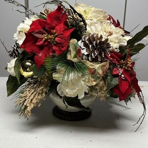 Holiday Centerpiece Floral, Poinsettias, Pinecones , Cardinals